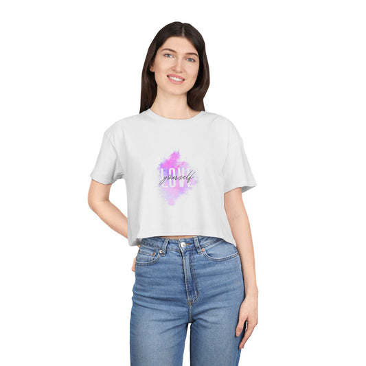 Inspirational Women's Crop Tee - 'Love Yourself' Quote, Motivational Crop Top, Casual Wear, Gift for Her, Trendy Summer Style